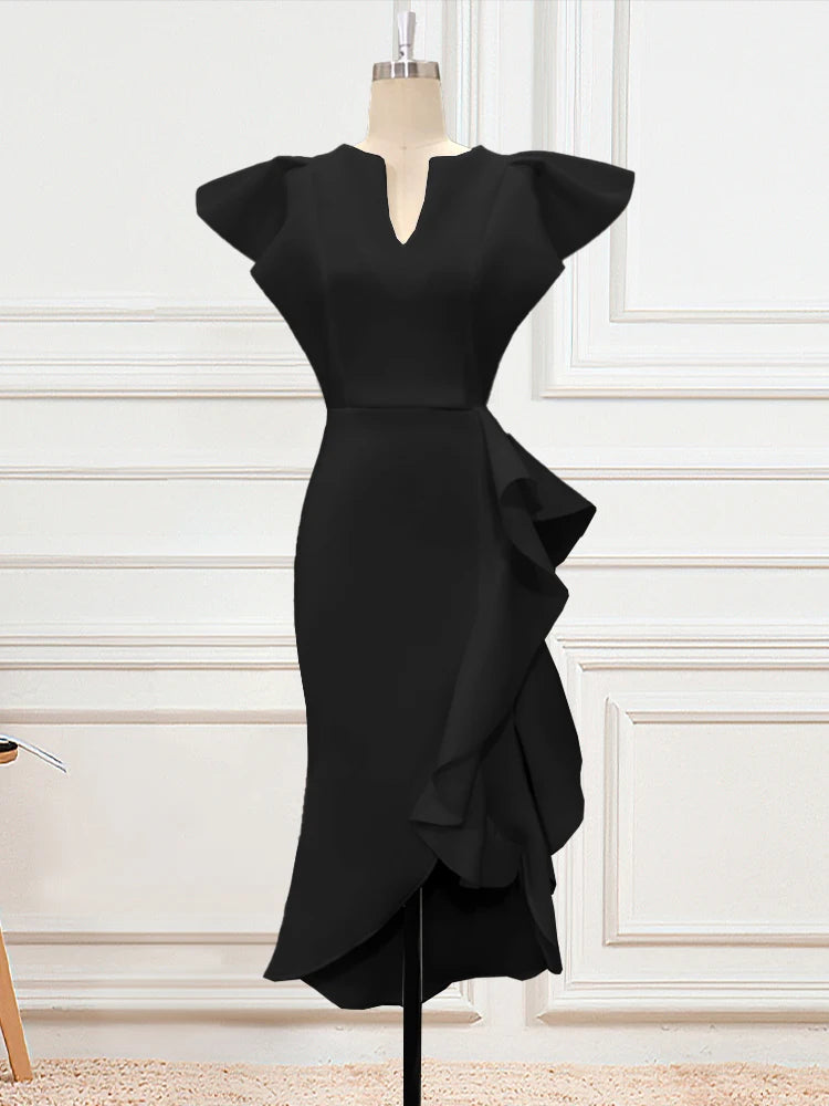 A80081 Manufacturer High Waisted Cap Sleeve Ruffles Midi Evening Dress Women