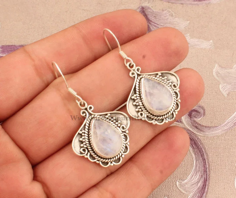 Rainbow Moonstone Solid 925 Sterling Silver Handmade Pear Stone Indian Earrings For Wedding Anniversary