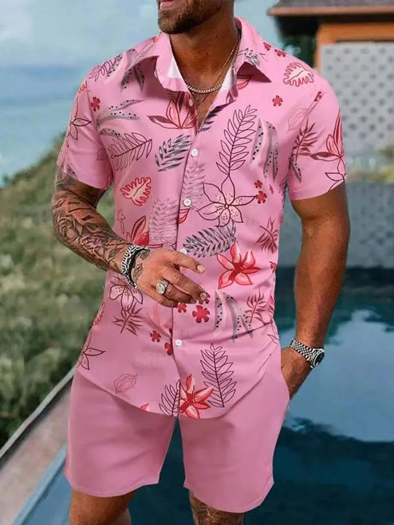 New Men Sets Print Patchwork Lapel Short Sleeve Casual Shirt Beach Shorts Summer Men Streetwear Vacation Hawaiian Suits
