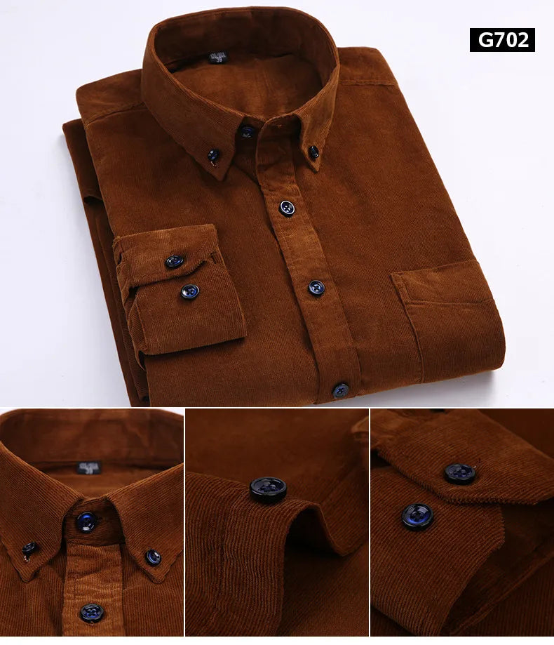 6XL Autumn/winter Warm Quality 100%cotton Corduroy long sleeved button collar smart casual shirts for men comfortable