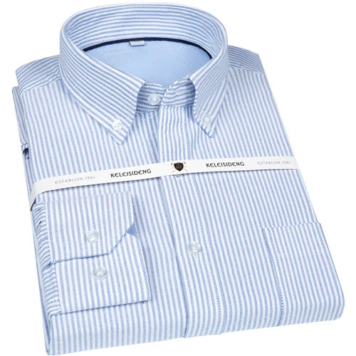 Men's Long Sleeve Thick Cotton Oxford Shirts with Front Pocket High Quality Smart Casual Stripe Plaid Button Down Dress Shirt