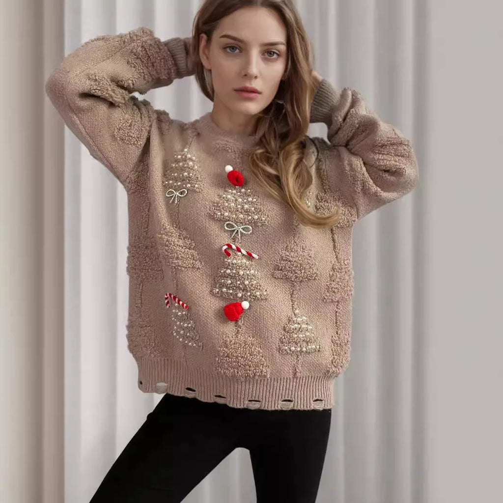 Handmade Pearl Diamond Trims Christmas Sweater Plush New Year Red Pullover Sweaters for Women Towel Embroidery