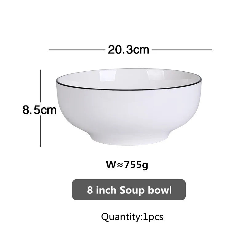 Black Rim White Ceramic Dinner Tray, Kitchen Plate, Tableware, Food Dishes, Soup Bowl,  Kitchen Cook Tool, 1 Piece Sale