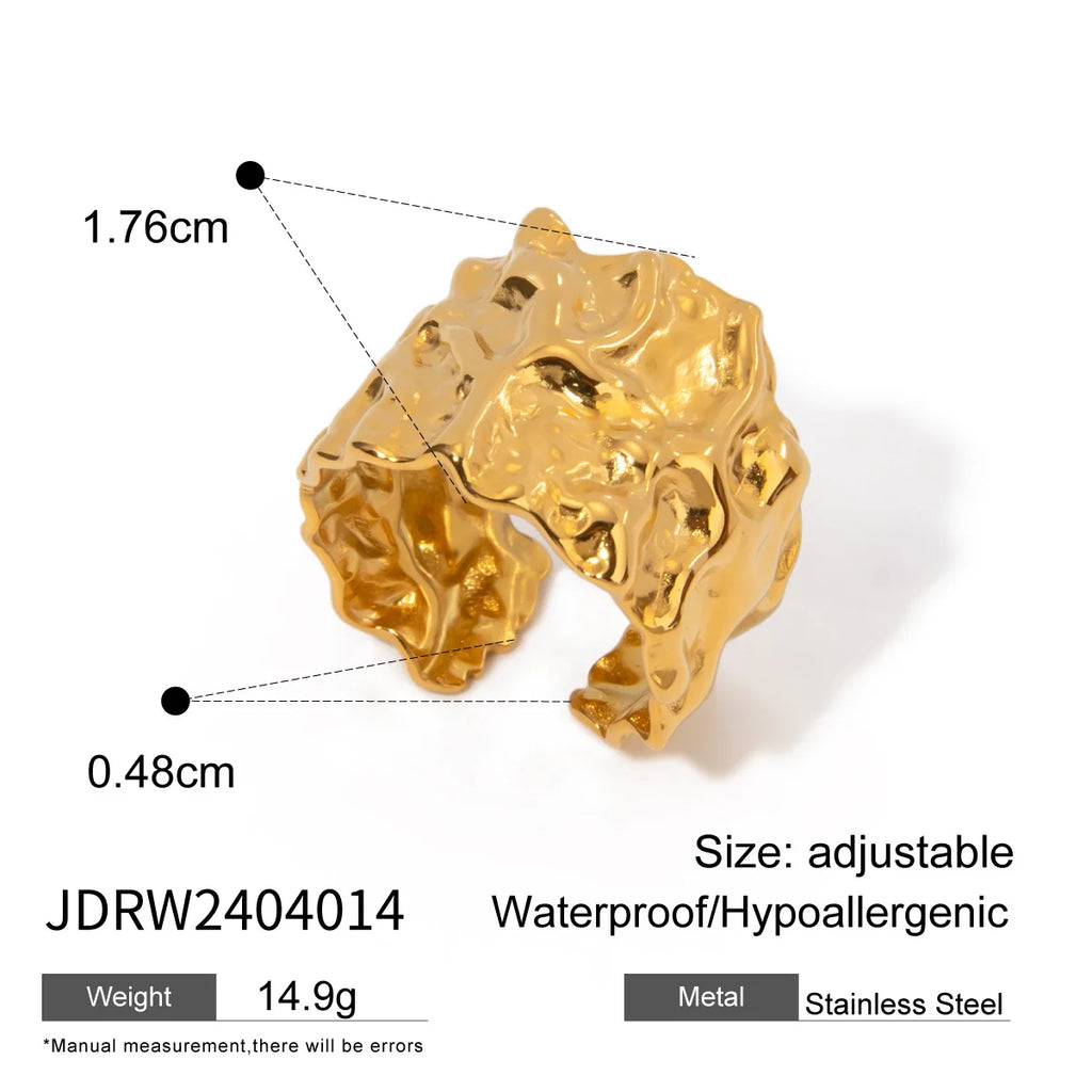 New Design Ring 18K PVD Gold Plated Stainless Steel Hammered Wide Open Rings for Women