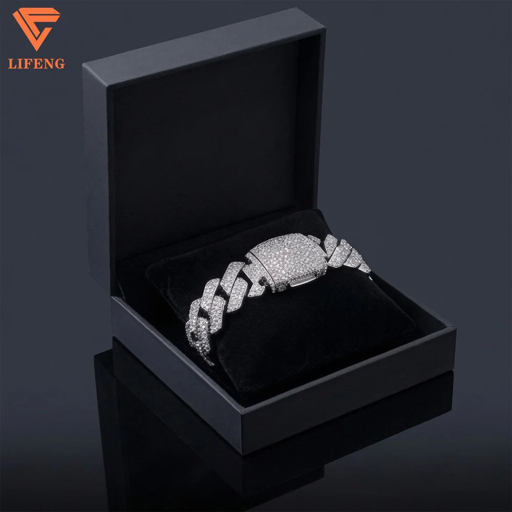 Lifeng Jewelry 20mm 4rows VVS Moissanite Cuban Link Chain Bracelet Sterling SIlver Diamond Hiphop Moissanite Cuban Chain for Men