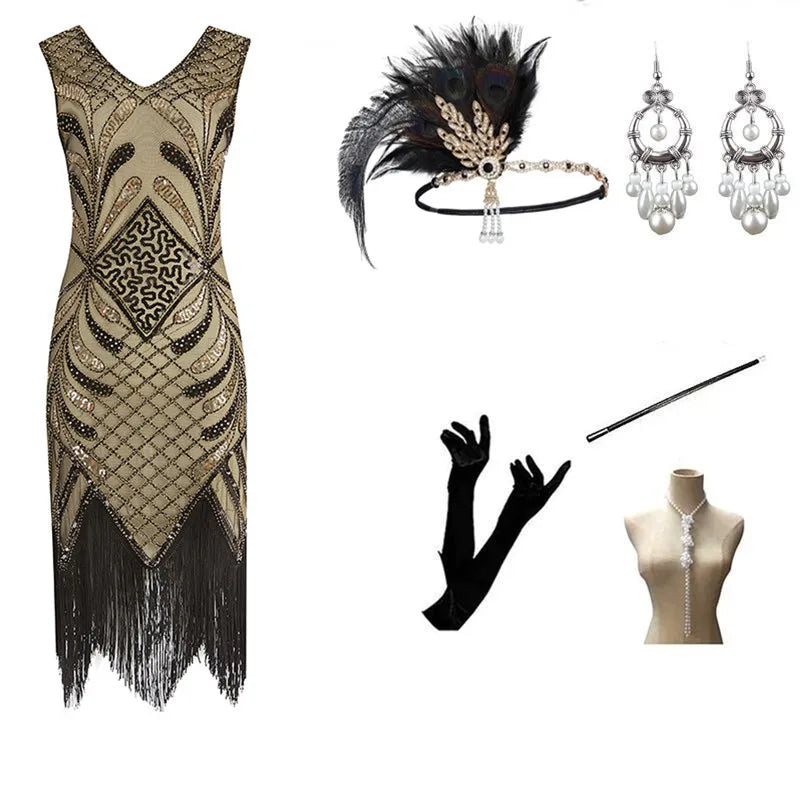Halloween Cosplay Dress for Women 1920s Vintage Flapper Long Fringe Beaded Gatsby Party Dress With 20s Accessories Set