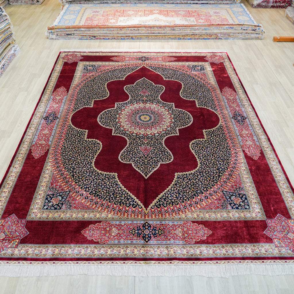 9x12ft Persian Red Hand Knotted Oriental Silk  Rugs Living Room Large Turkish Made in Turkey Silk Rug
