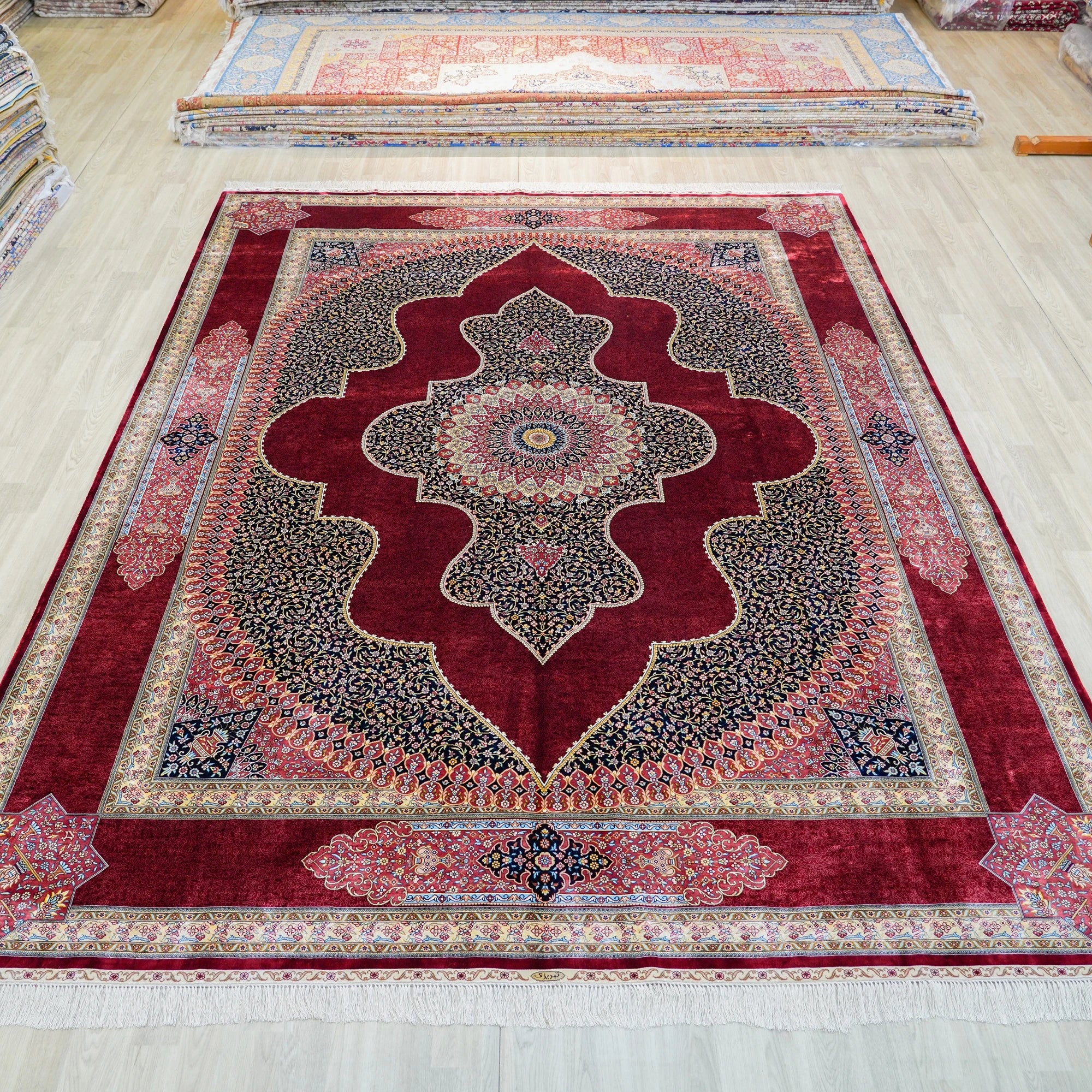 9x12ft Persian Red Hand Knotted Oriental Silk  Rugs Living Room Large Turkish Made in Turkey Silk Rug