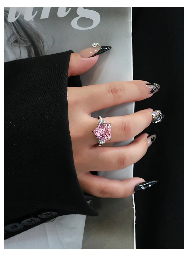 Fashion S925 Sterling Silver 12*12mm Heart Shape Stone Cz Cubic Zirconia Luxury Wedding White pink Diamond Rings for Women