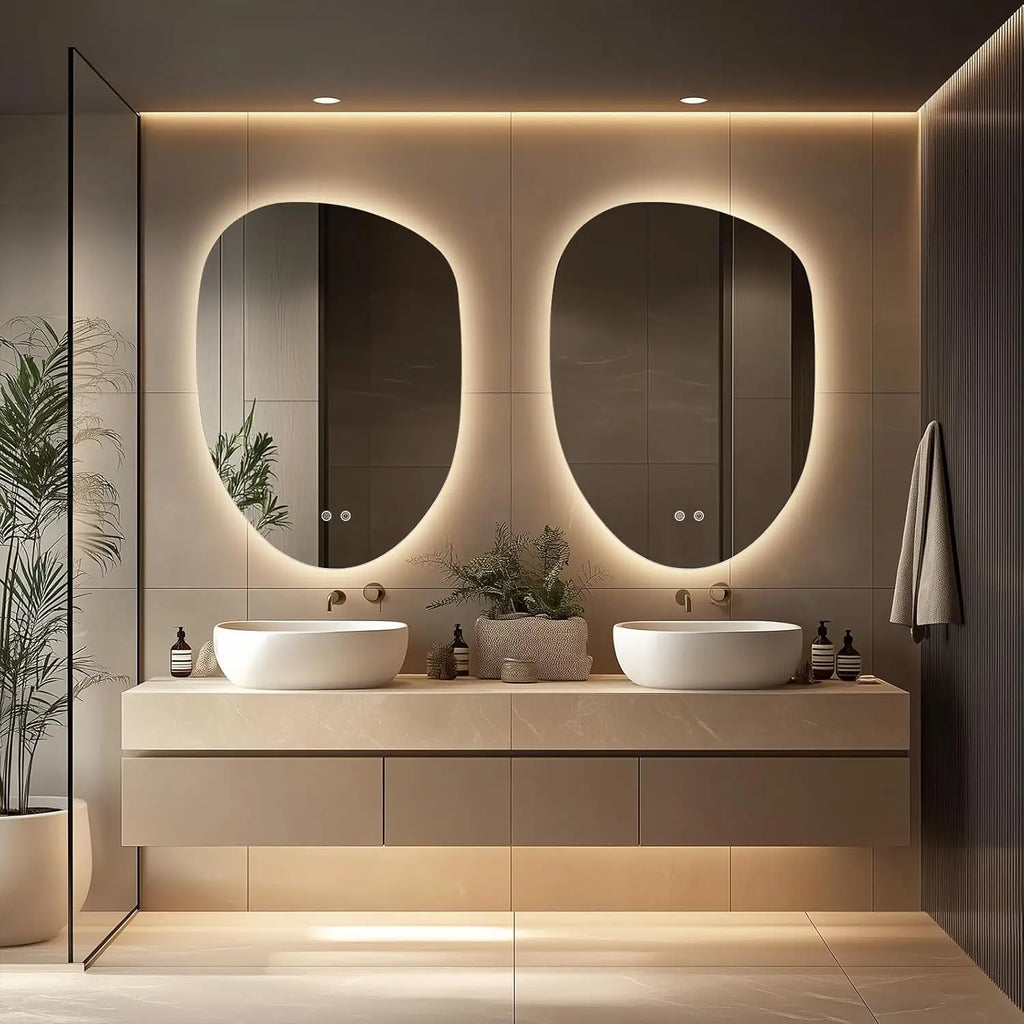 WallBeyond 23 X 32 Inch Tempered Glass LED Bathroom Vanity Mirror Wall Mount with Lights Clear Irregular Shape