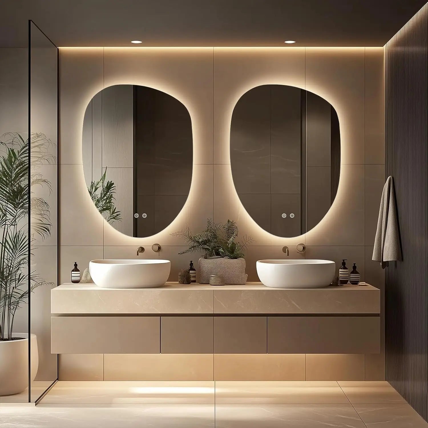 WallBeyond 23 X 32 Inch Tempered Glass LED Bathroom Vanity Mirror Wall Mount with Lights Clear Irregular Shape
