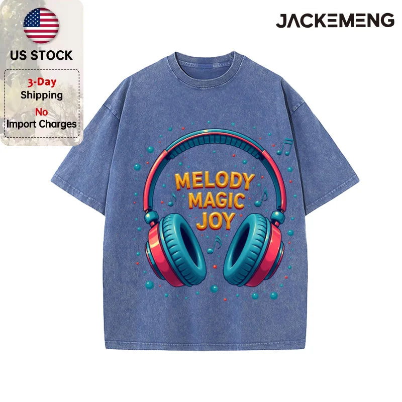 Oversized Vintage Retro Bubble Music Headphone Streetwear Print Tshirt USA Stock Wholesale Y2K Casual Tee