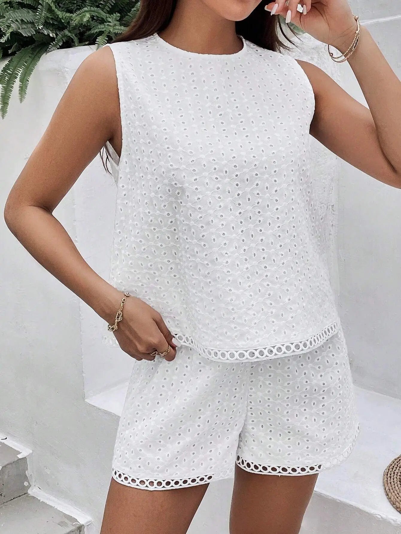 Hollow Out Embroidery Sexy Two-piece Set Camisole Vest Short Set Summer Vacation Style Outerwear Sleeveless Top Shorts Women's