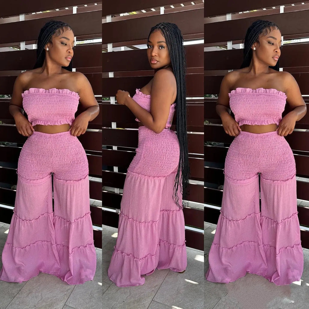 New Arrival Women Set Sexy Bubble Crepe Fabric With Wooden Ear Edge Patchwork Strapless Pants Two-piece Set