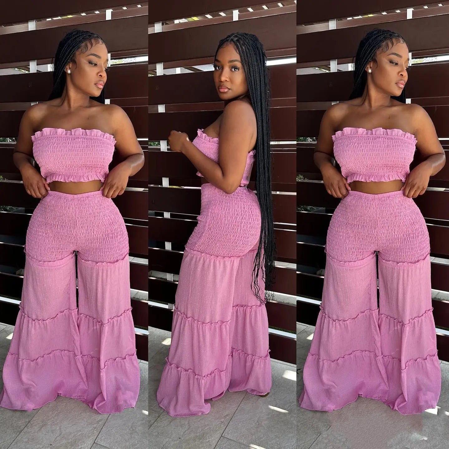 New Arrival Women Set Sexy Bubble Crepe Fabric With Wooden Ear Edge Patchwork Strapless Pants Two-piece Set