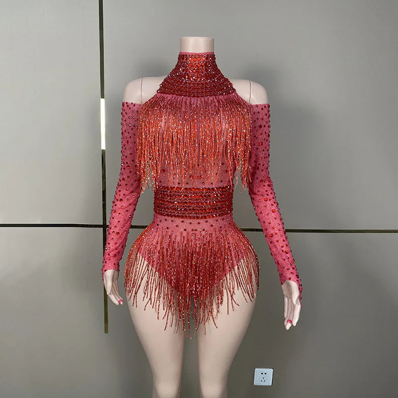 Latin Dance Costume Music Festival Disco Dancing Show Ball Evening Wear Birthday Party Banquet Dinner Rhinestone Mesh Jumpsuit