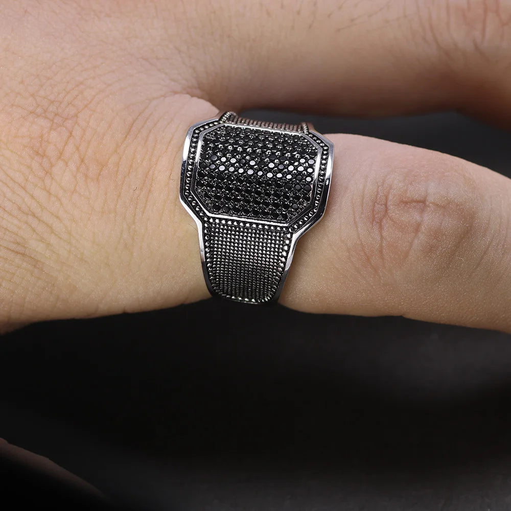 925 Sterling Silver Natural Black Zircon Stone Curved Design Turkish Men Rings