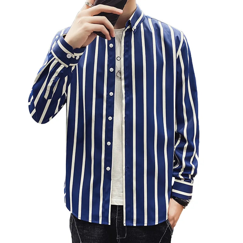 10%OFF M-5XL Korean Version of the New Four Seasons Shirt Youth Men's Business Casual Striped Lapel All-match Top Shirt