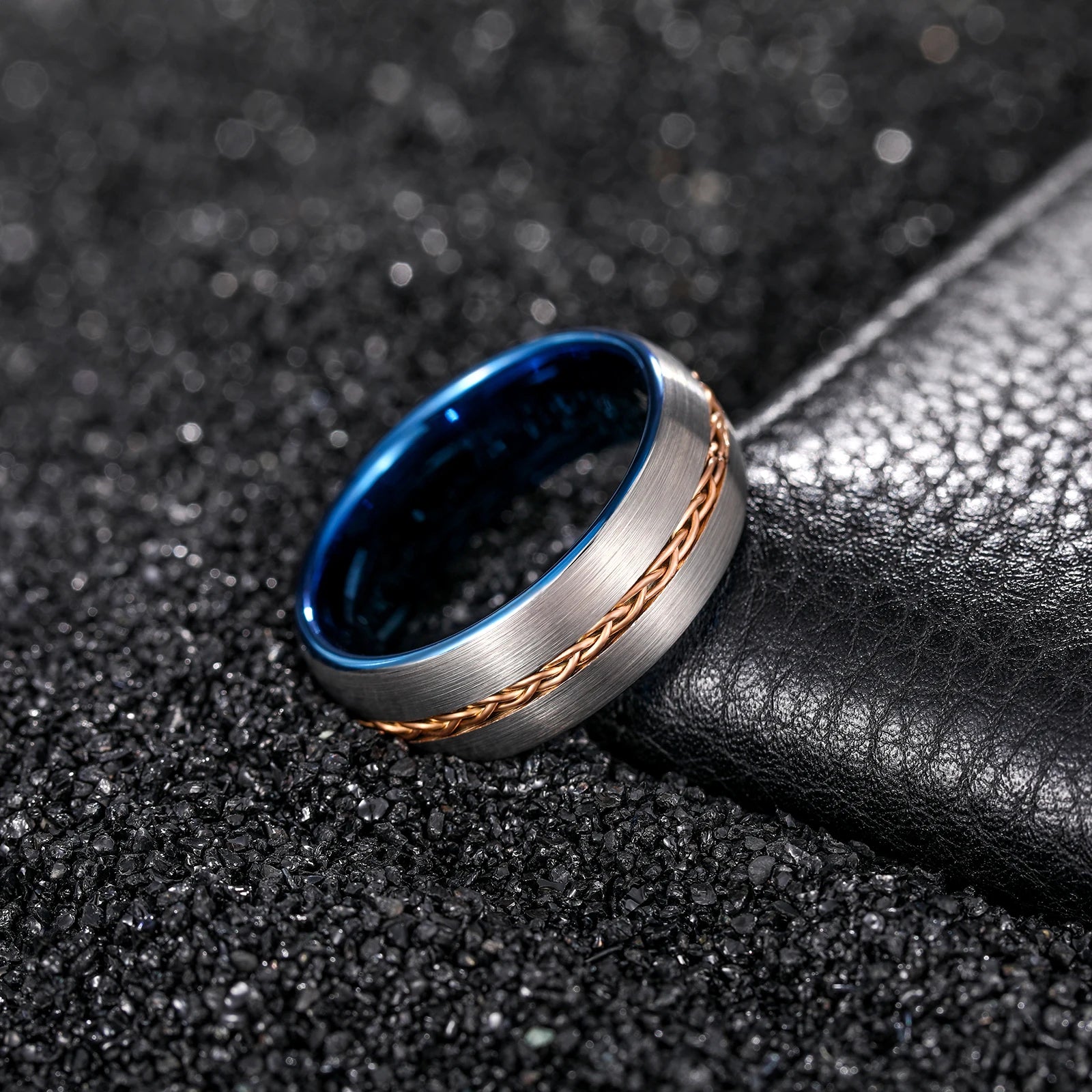 OAHLAN Tungsten Carbide Rings Wholesale Steel Chain Inlay 8mm Bands Blue Plated Brushed for Men's Wedding/Engagement/Dating