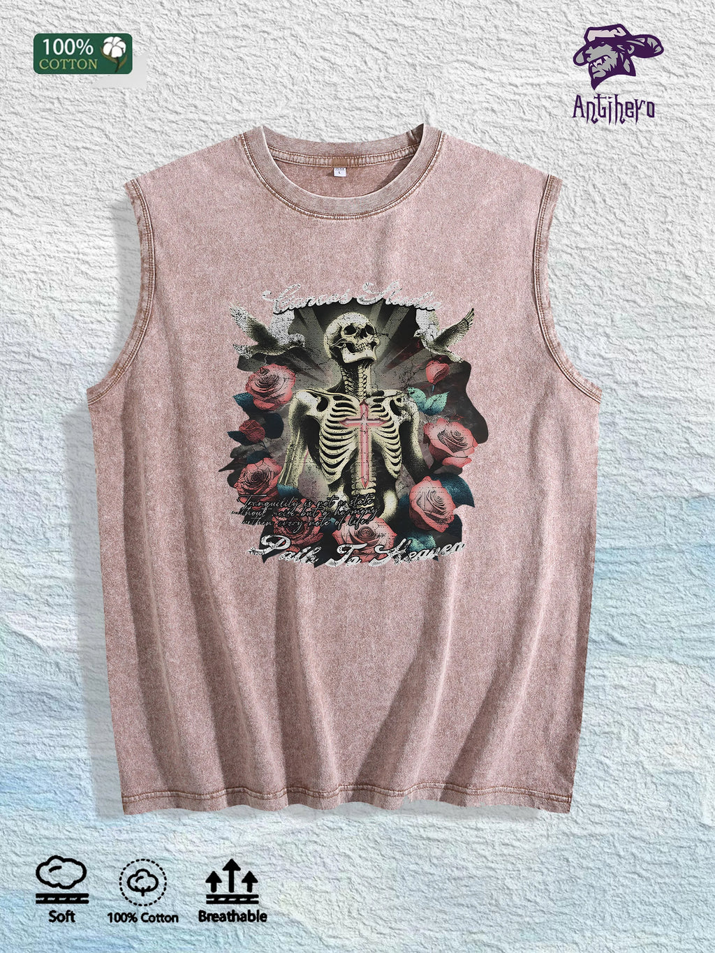 Skull & Roses Graphic Washed Vest US Warehouse 3 Colors Cotton Tank