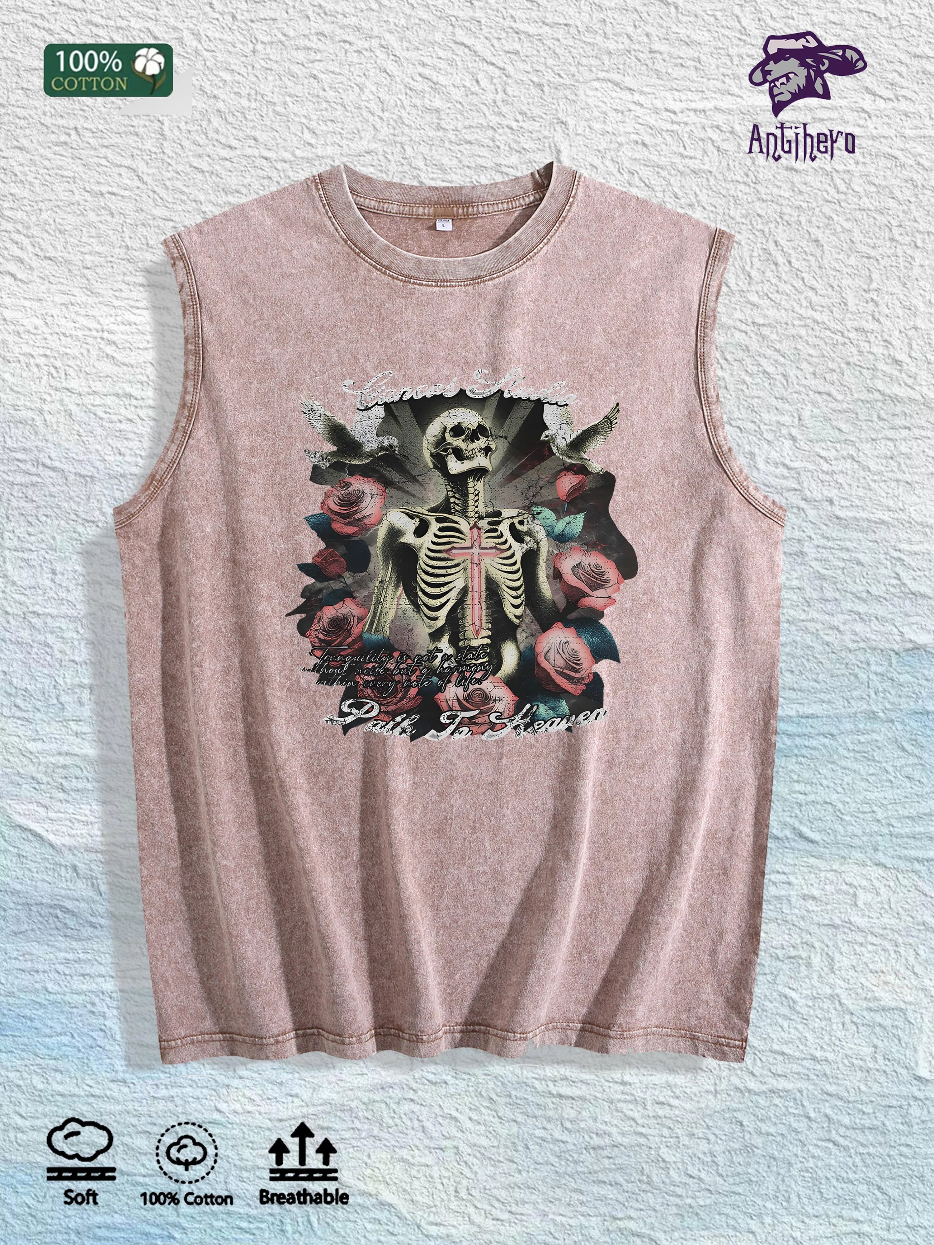 Skull & Roses Graphic Washed Vest US Warehouse 3 Colors Cotton Tank