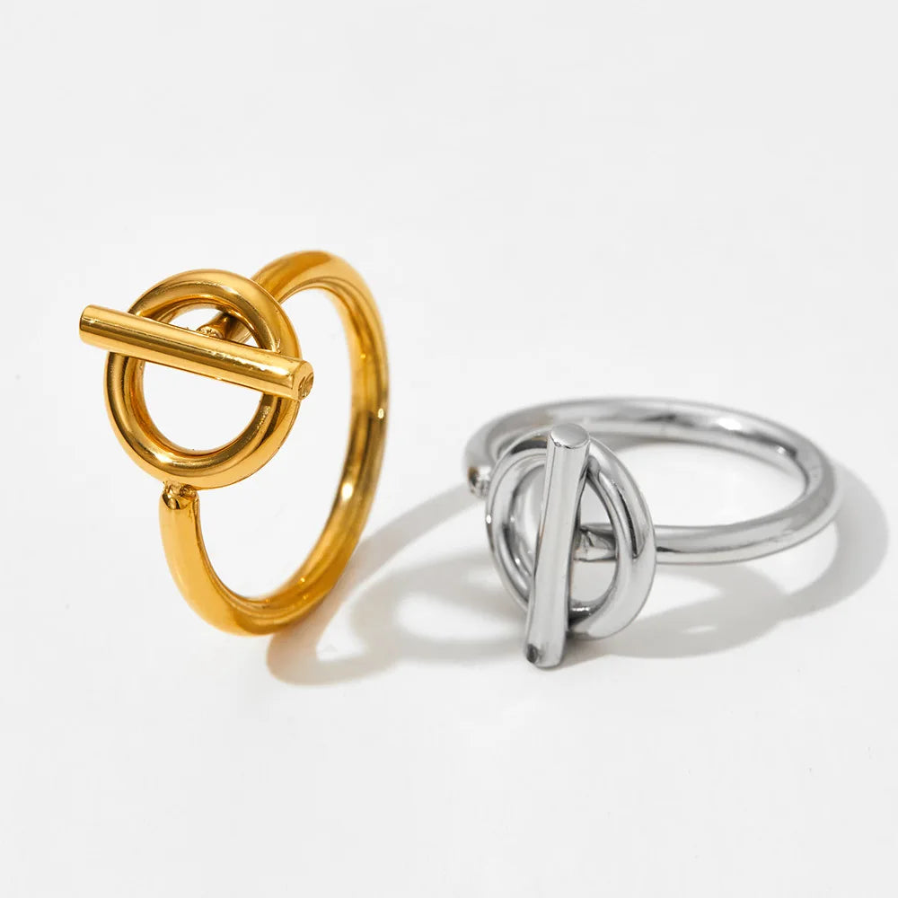Simple and Fashionable New Product High-End T-Shaped OT Finger Rings 18 K Gold Plated Stainless Steel Rings for Woman Girls Gift