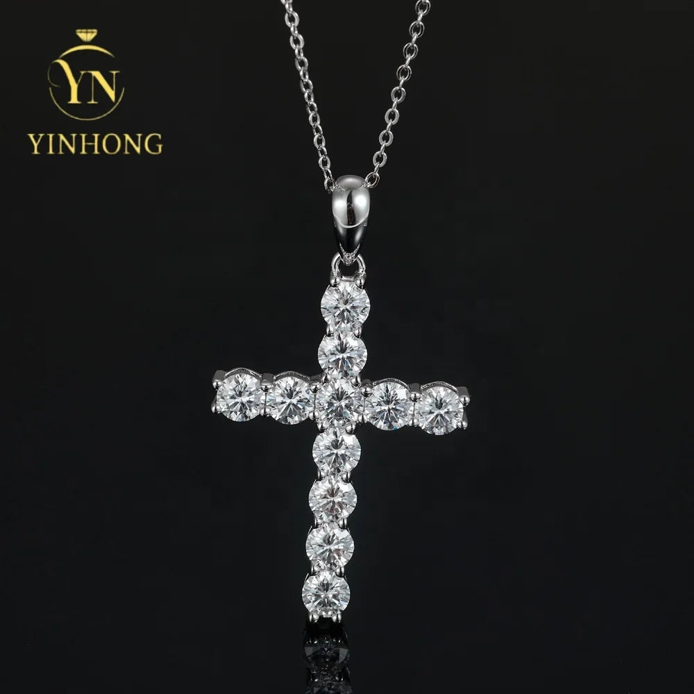 Fashion Jewelry 925 Sterling Silver Necklaces Gold Plated Fine Jewelry Moissanite Diamonds Spark Cross Charms Hip Hop Pendant