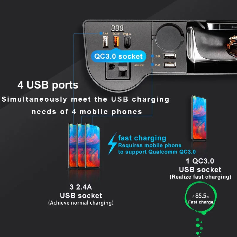 SEAMETAL Car Organizer with 12V/24V to 220V Inverter Seat Crevice Storage Box 4-USB Ports QC3.0 Fast Charging for Smartphone