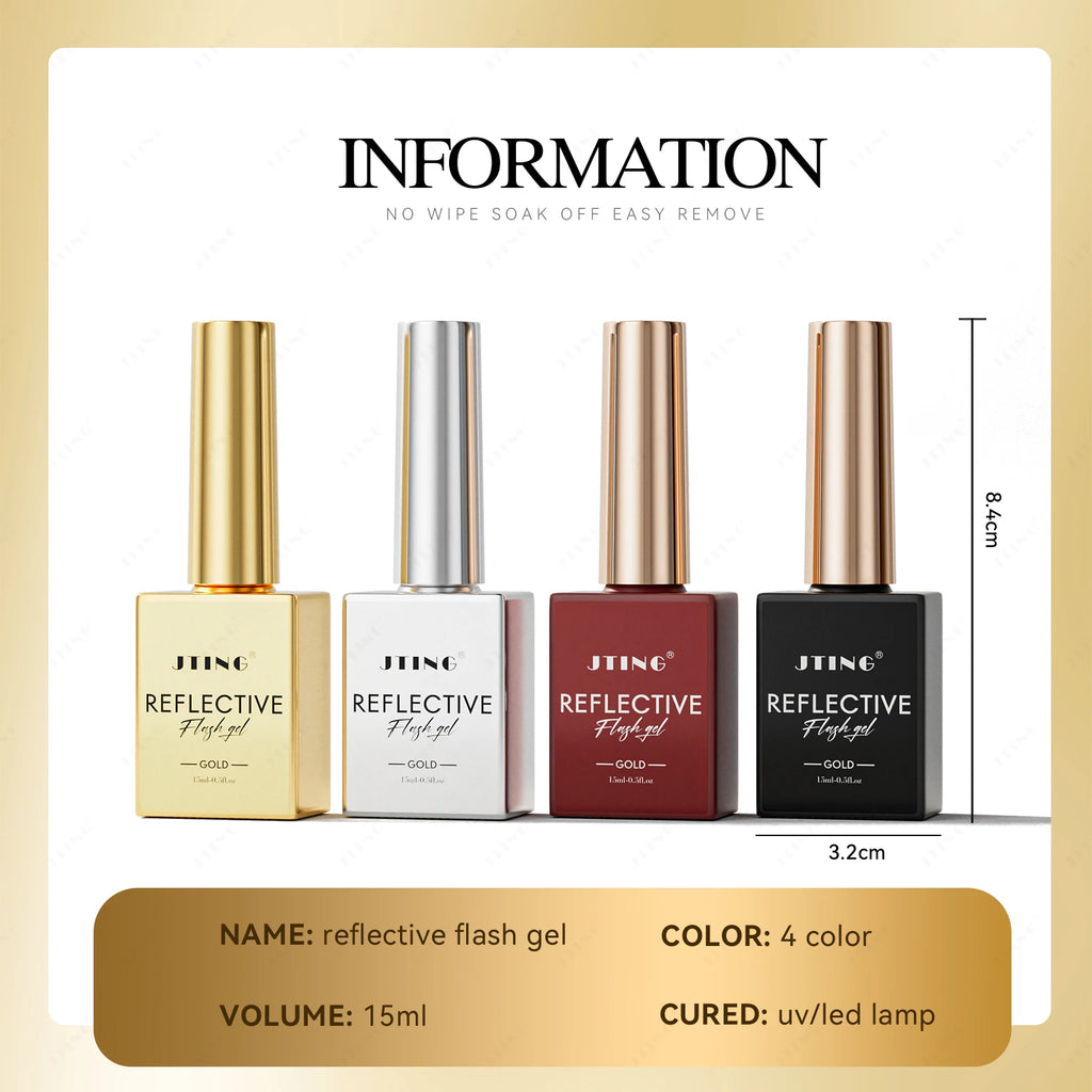 JTING Super Reflective Flash Gel Polish Classic 4Color Gold Silver Black Red Disco Reflective Gel Nail Polish Set Unique Designs