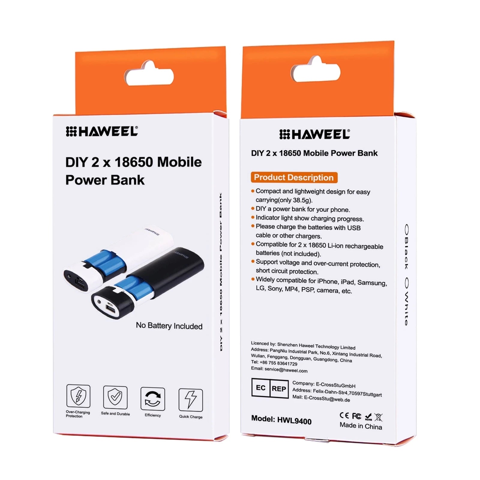 Factory Direct Sale HAWEEL DIY 2x 18650 Battery (Not Included) 5600mAh Power Bank Shell Box with USB Output & Indicator(Black)