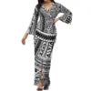 Hot Selling Flower Polynesian Tribal Bell Sleeve V Neck Long Maxi Slit Dress Custom Plus Size Womens Dresses Island Style Dress
