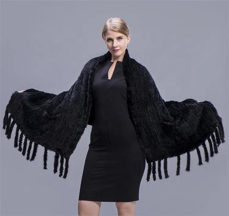 MWFur Fashion Chinese Supplier Wholesale Winter Knitted Mink Fur Shawl for Women Big Size Mink Hair Scarf Winter Fashion