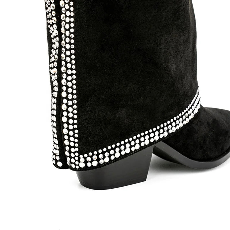 Shark Lock Soft Flock Long Booties Overlay Women's Bling Diamonds Knee High Boots Low Square Heels Shoes Big Size 45 Wide Fit