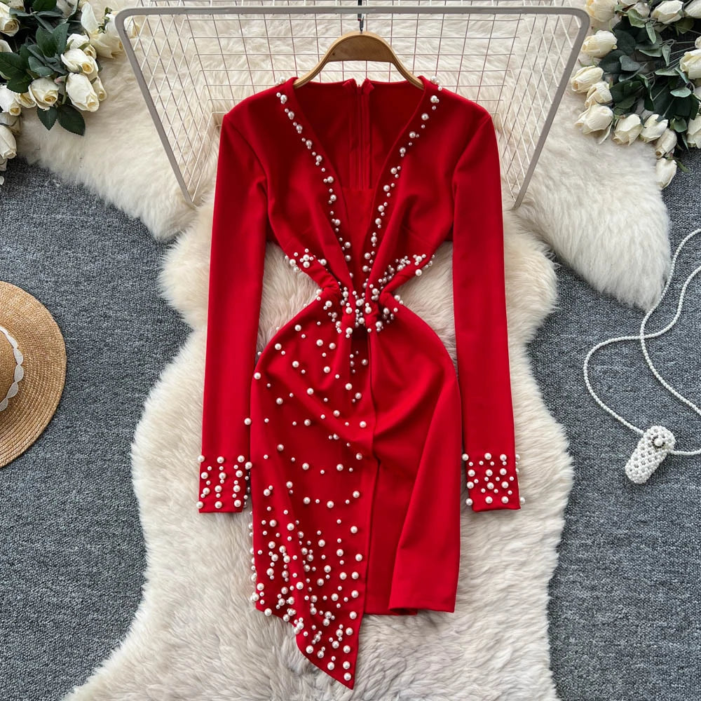 Summer Elegant V-Neck Asymmetric Tunic Hip Midi Dress for Women Empire Beaded Vestidos