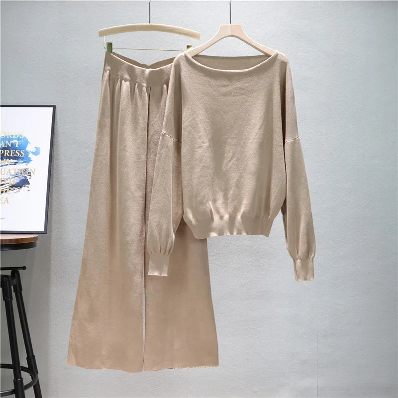 Fashion Casual Suit Women's Spring Loose Knit Sweater Wide Leg Pants Two-piece Set