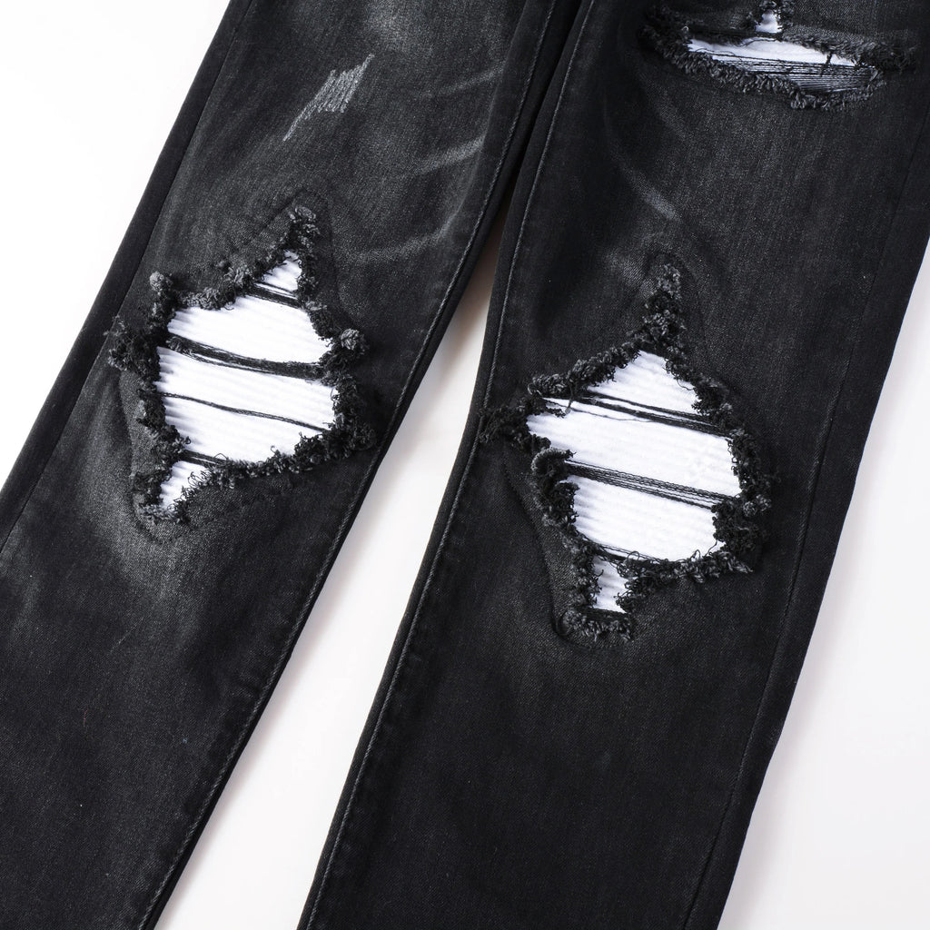 Wholesale Slim Fit Distressed Designer Patchwork Jeans Printed Patch Black Denim Trousers for Men Streetwear Winter Blue Hip Hop