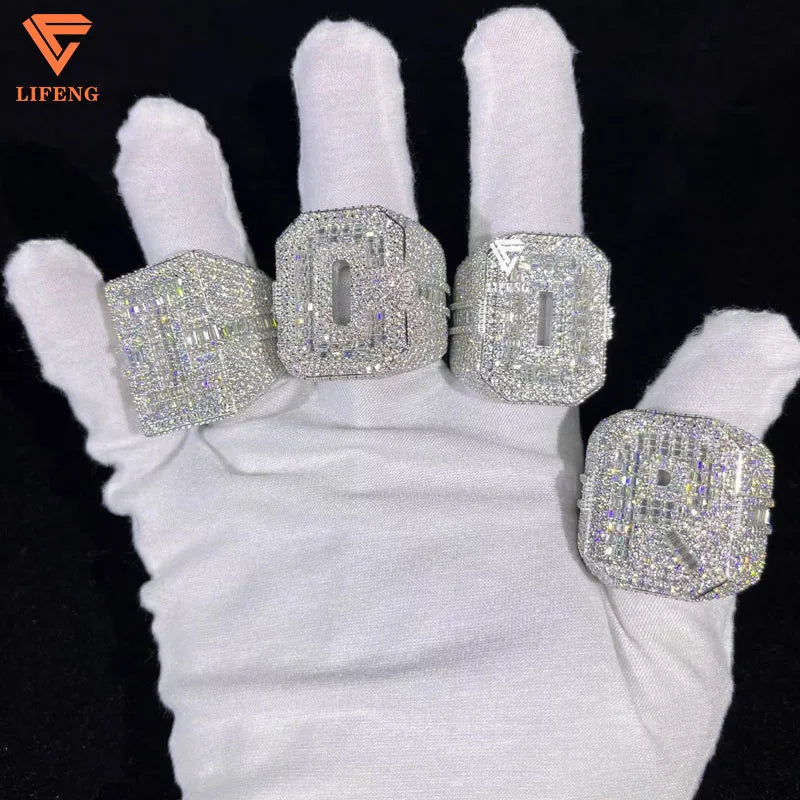 Hip Hop Rings Jewelry Custom Letter Lab Grown Diamond Iced Out VVS Moissanite Rings Sterling Silver 925 Luxury Rings for Men