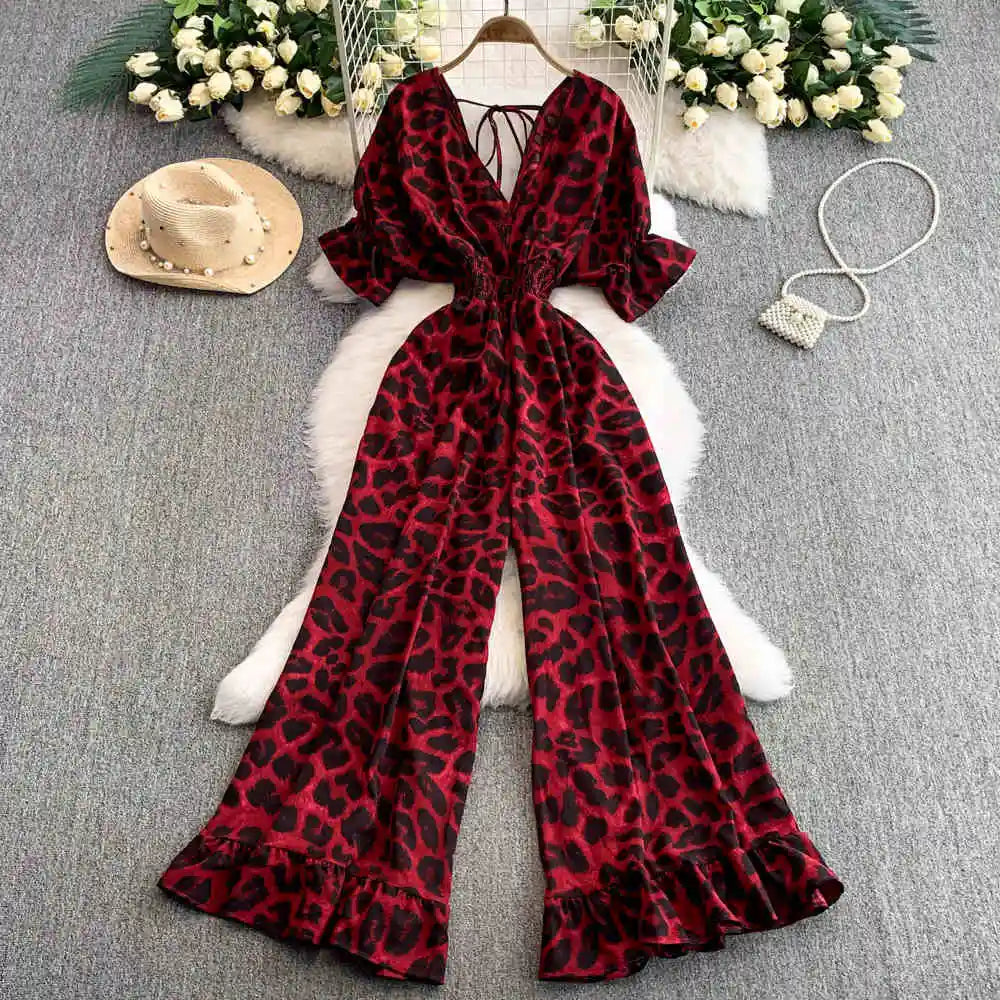 Women Sexy V Neck Short Sleeved Waist Fashion Female Ruffle Wide Leg Jumpsuit
