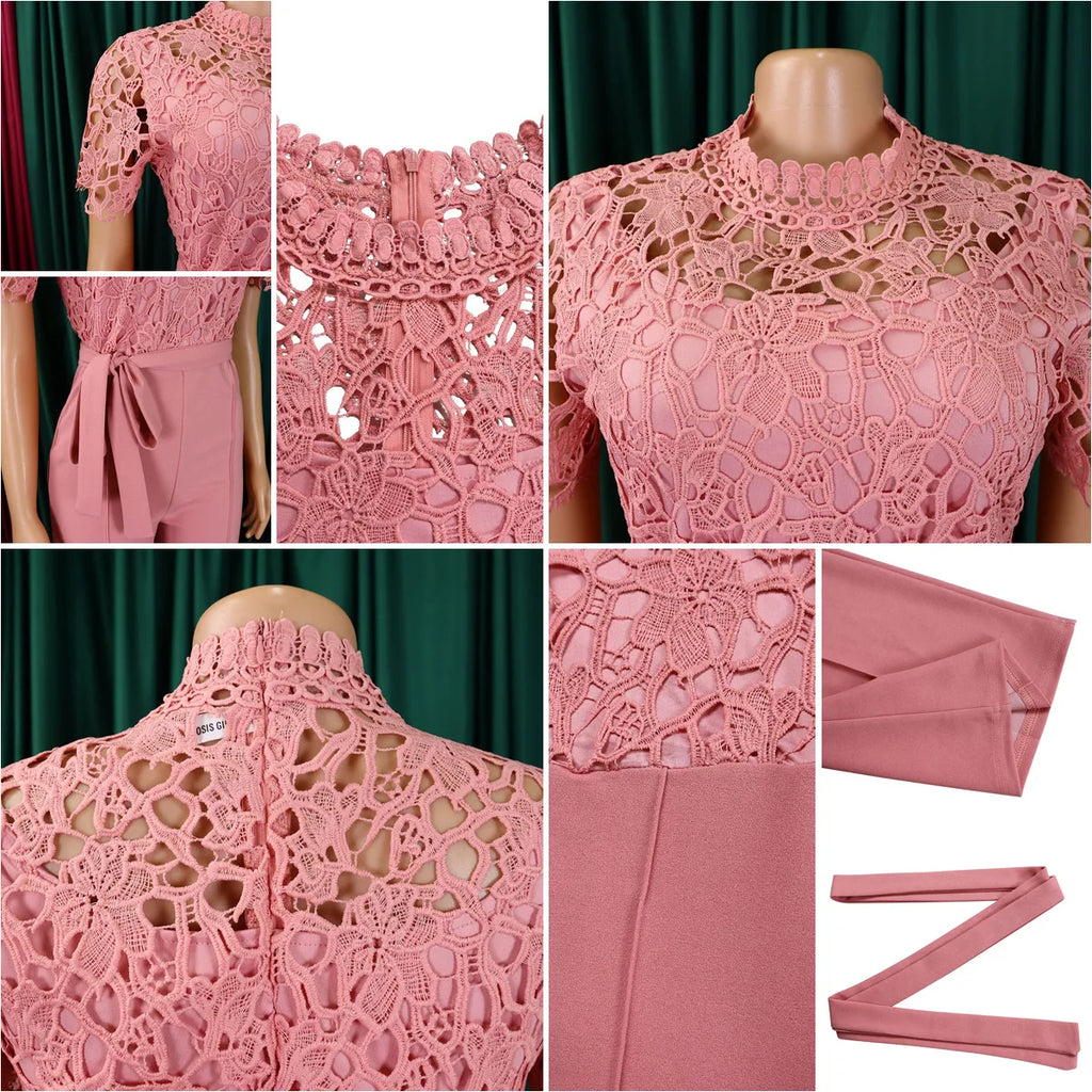 D509 Latest Design Sexy Lace Jumpsuit for Women Hollow Out Short Sleeve Tie up High Waist Wide Leg Jumpsuits for Ladies