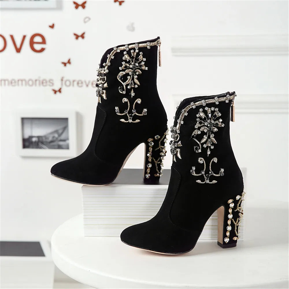 MILI-MIYA Fashion Women Kid Suede Ankle Boots Zipper Round Toe Crystal Square Heels Spring/Autumn Party Shoes Plus Size 34-43