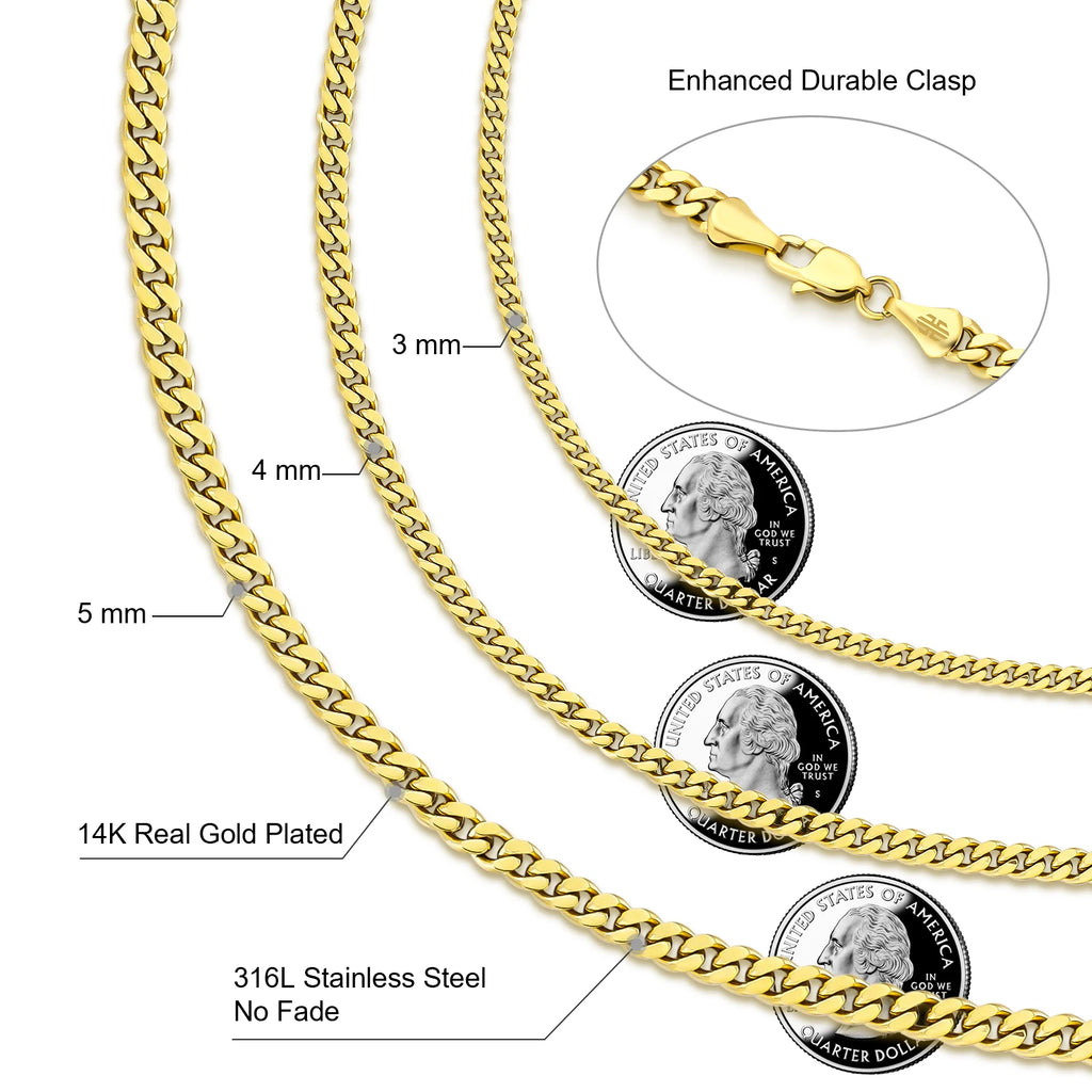 USA Local Fast Shipping 14K Gold Plated Curb Cuban Link Chain 3mm Women Stainless Steel Waterproof Jewelry Men Miami Necklace
