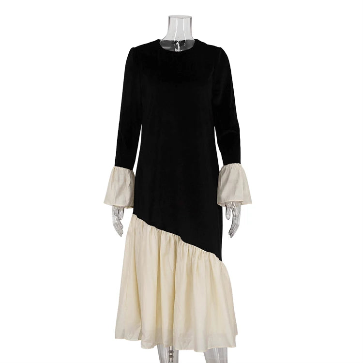 Color Contrast Patchwork Back Neck Buttoned Flared Sleeve Black Long Elegant Autumn Dresses Women