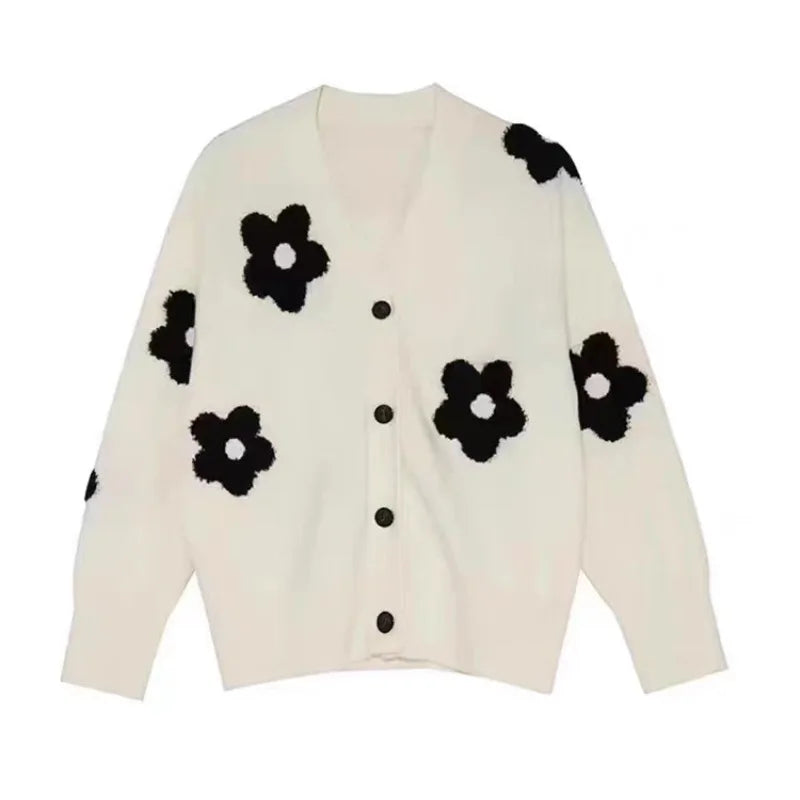 Women's Casual Cardigan New Fall V-Neck 3D Embroidered Floral Knit Sweater