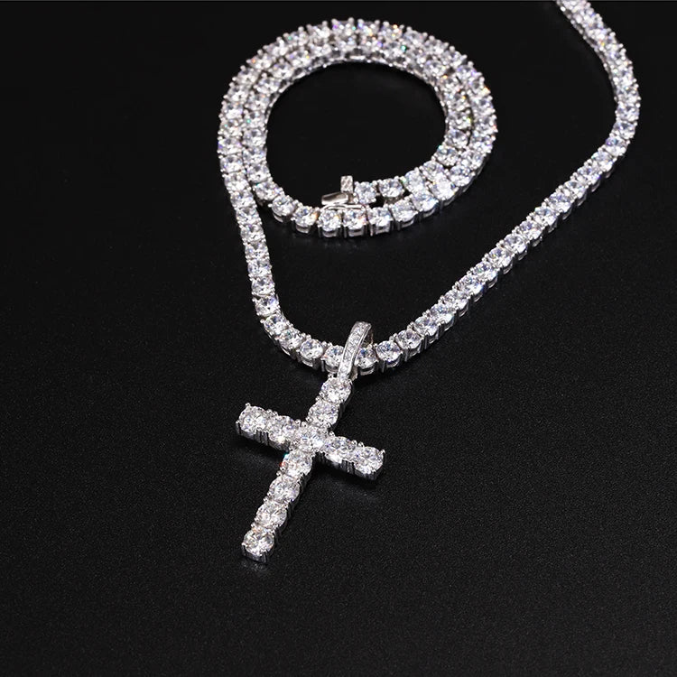 Tennis Chain Through White Gold Plated 925 Sterling Silver Made 2mm to 6.5mm VVS Diamond Moissanite Ankh Cross Pendant Charm