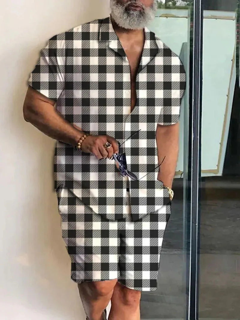 New Men Sets Print Patchwork Lapel Short Sleeve Casual Shirt Beach Shorts Summer Men Streetwear Vacation Hawaiian Suits