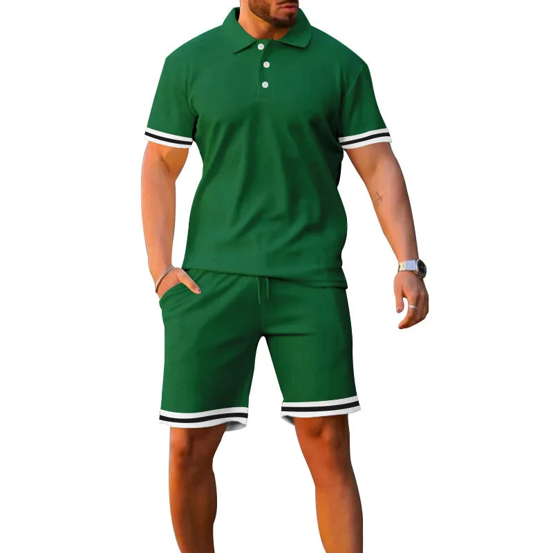 2024 Hot Sale Summer Men Short Sleeve Top + Short  Pants Turn Down Collar Solid Color Loose Casual Two Piece Suits