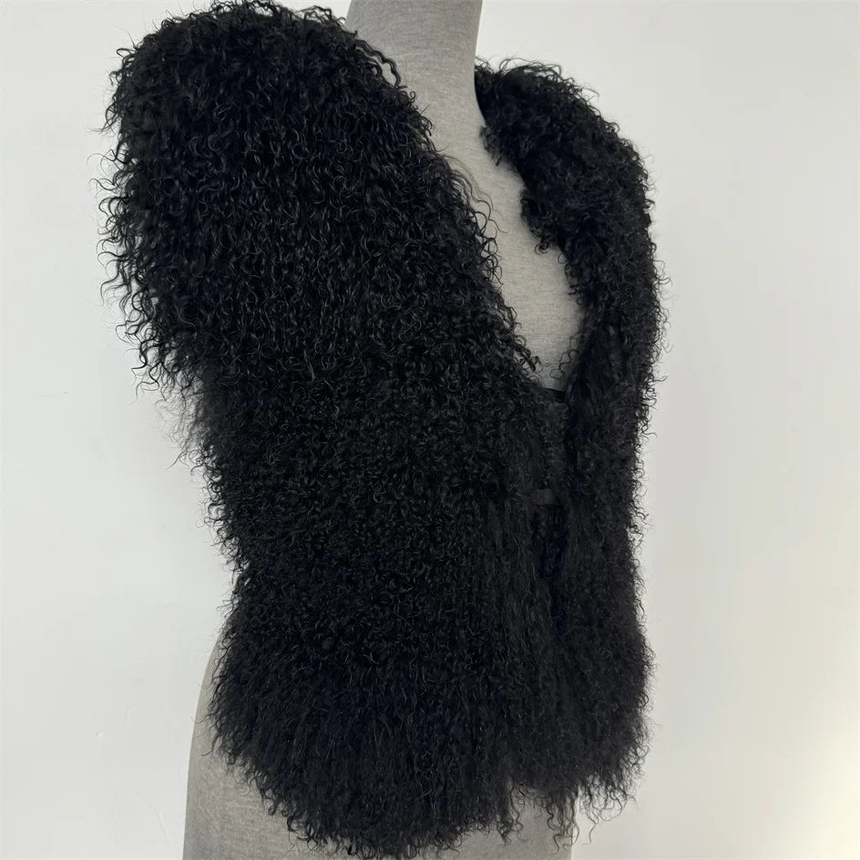 Streetwear Real Mongolian Sheepskin Fur Vest Women Real Sheep Fur Halter Top Vest