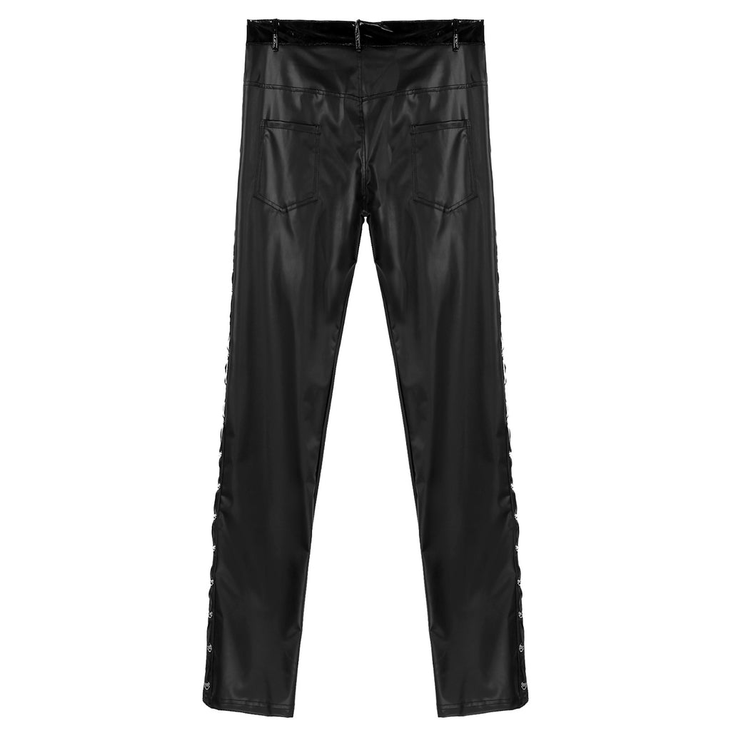 Men Latex Leather Pants Low Waist Faux Leather Shiny Pants Fashion Tight Trousers for Club Stage Show Rock Band Performance