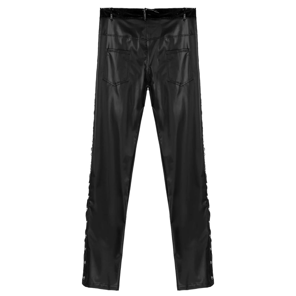Men Latex Leather Pants Low Waist Faux Leather Shiny Pants Fashion Tight Trousers for Club Stage Show Rock Band Performance