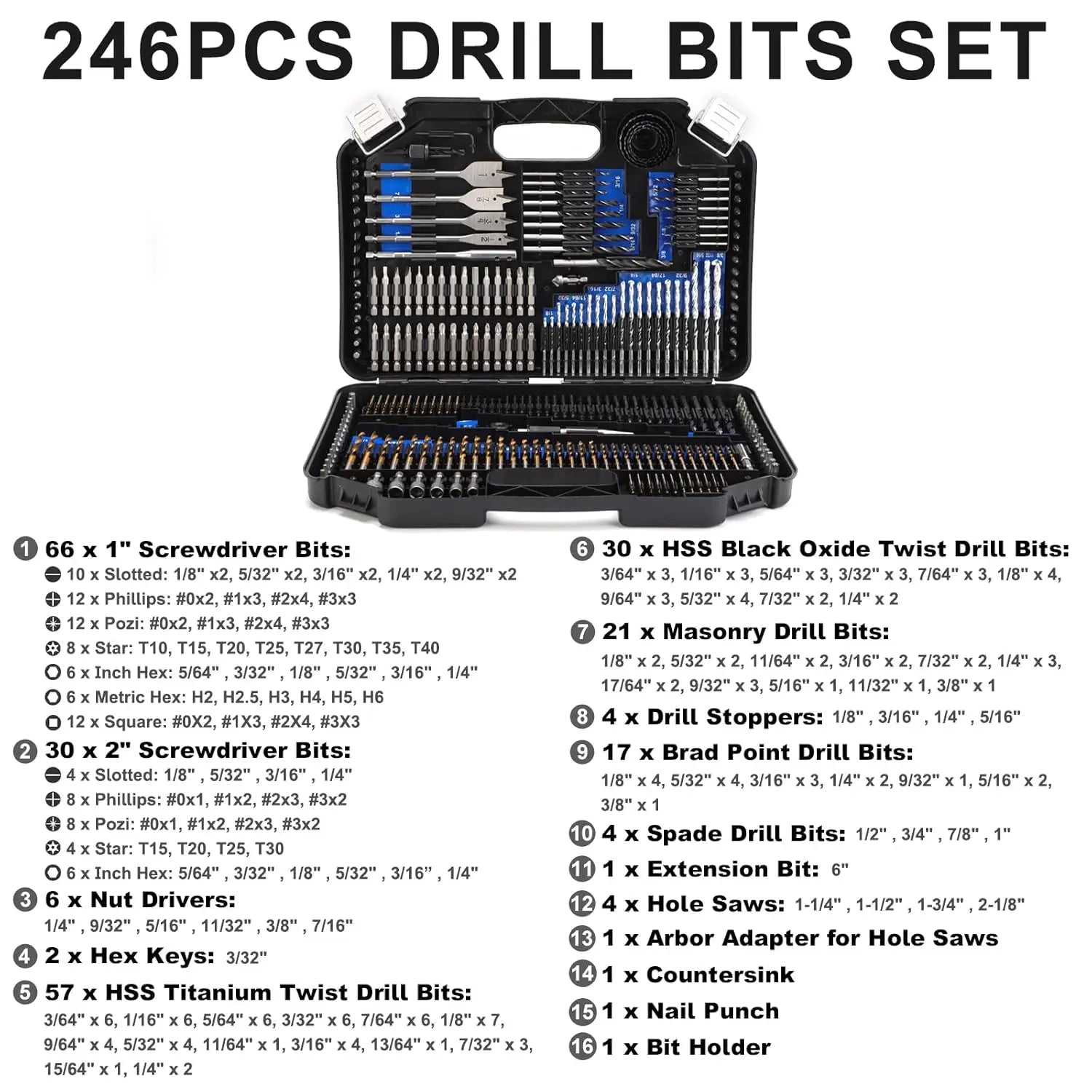 246-Pcs Household Tool Combo Kit Drill Bit Set with Hand-Power Source for Wood/Metal/Masonry/Cement Versatile Tool Sets